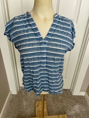 Pilcro Blue and White Striped V-Neck Blouse
